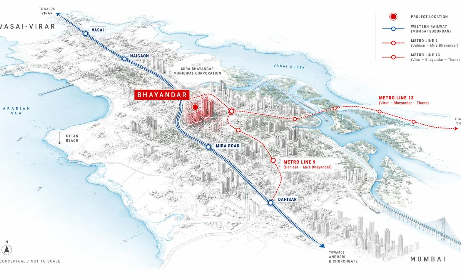 Conceptual map of the Western Railway and Metro Lines 9 and 13 around Bhayandar, Mira Road and Dahisar.