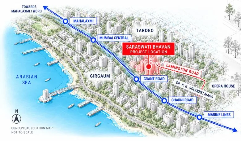 Conceptual South Mumbai location map showing Saraswati Bhavan near Grant Road